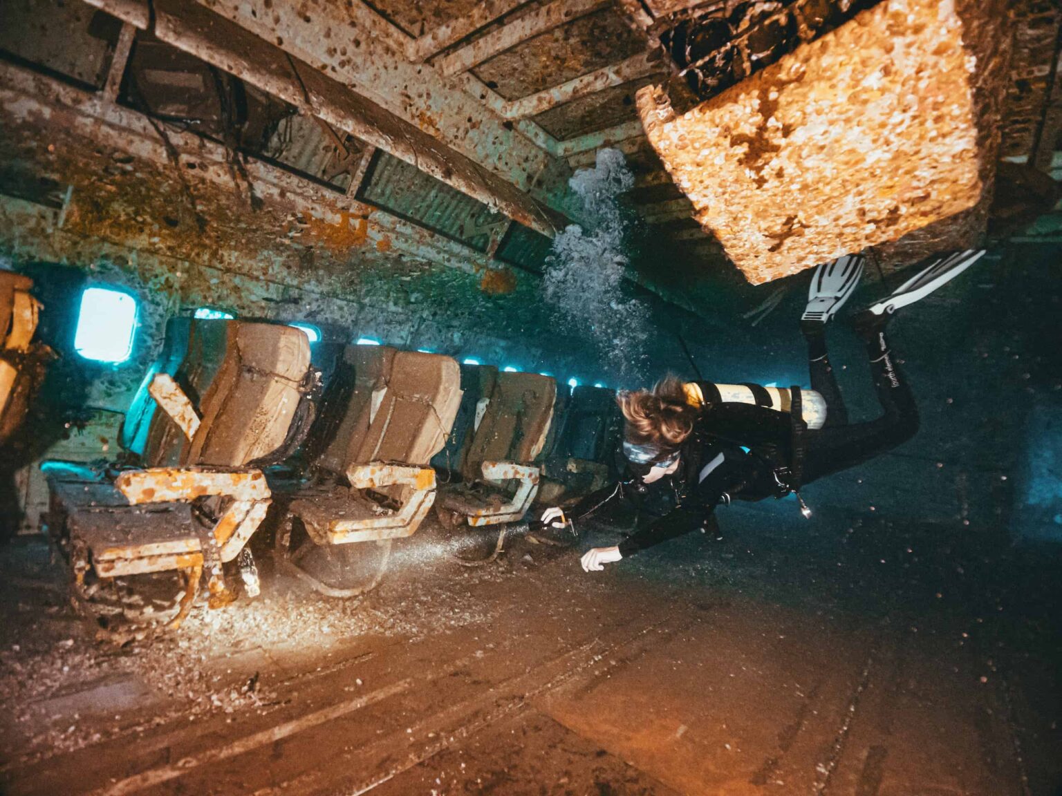Inside the Lockheed L-1011 Tristar plane wreck the passenger seats are still intact and can be explored.