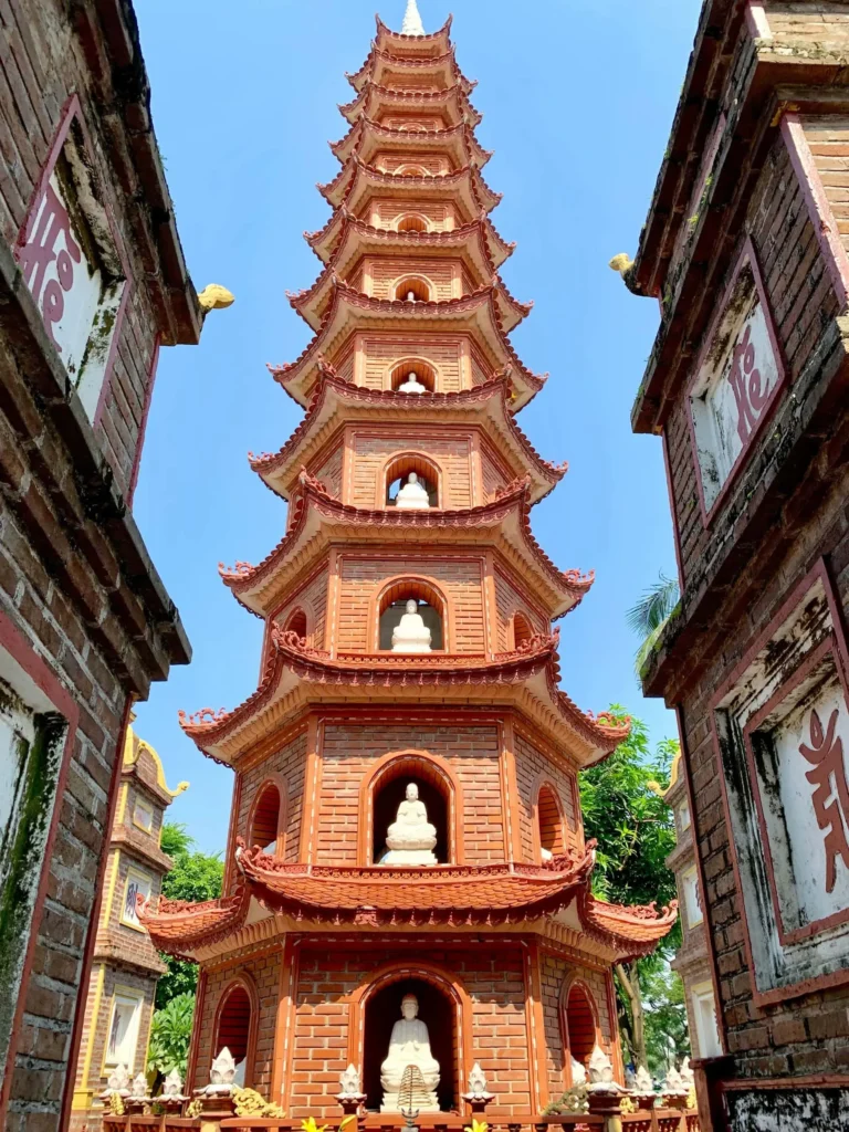 The red, 11-tiered Tran Quoc Pagoda in Hanoi