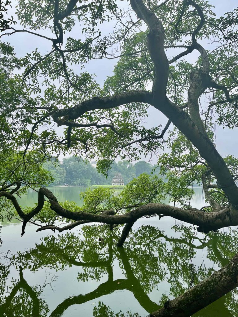 Hoan Kiem Lake in Hanoi's Old Quarter is a green oasis amidst the chaotic city.