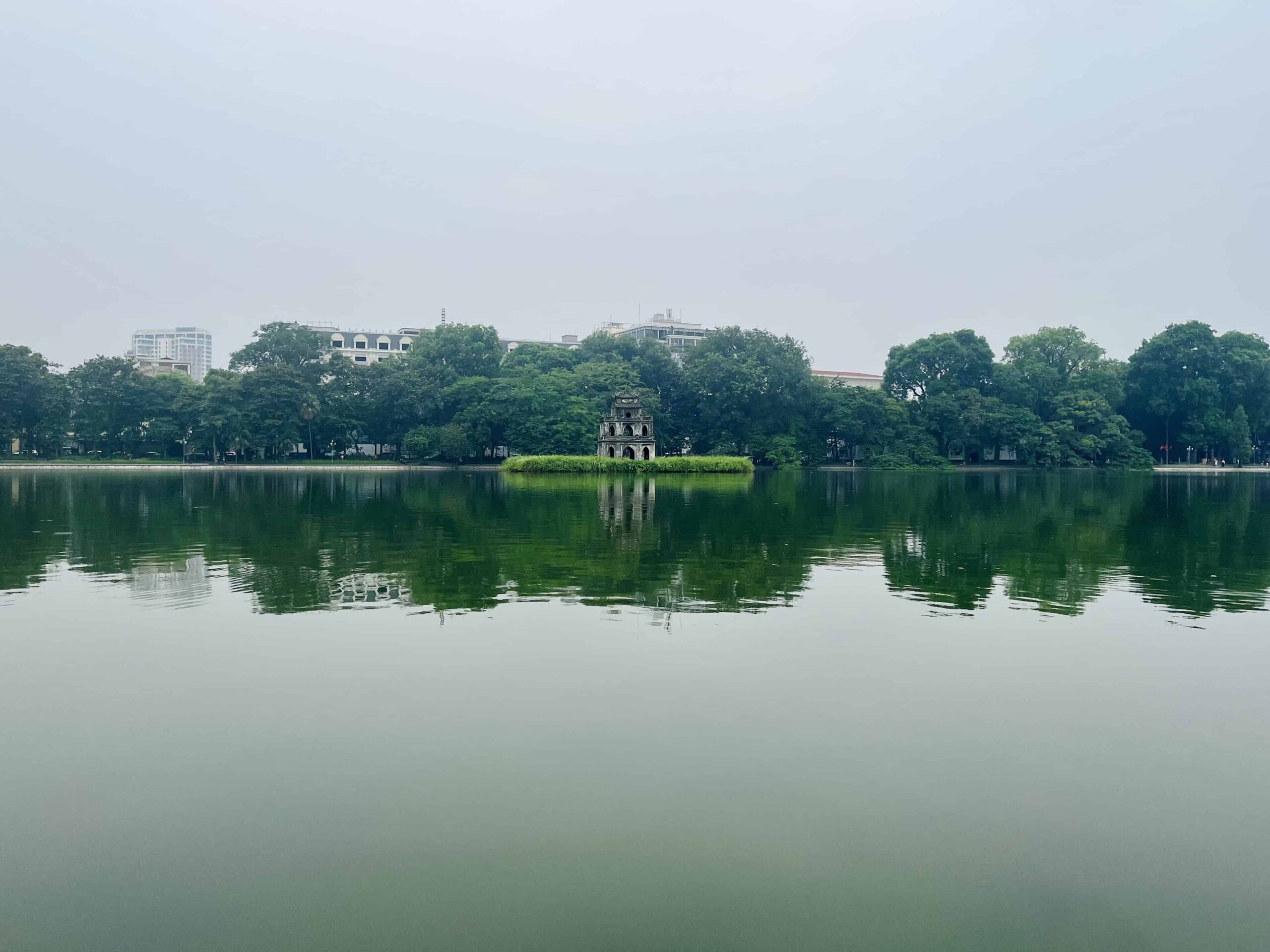 View of the Turtle Tower at Hoan Kiem Lake in Hanoi's Old Quarter.
