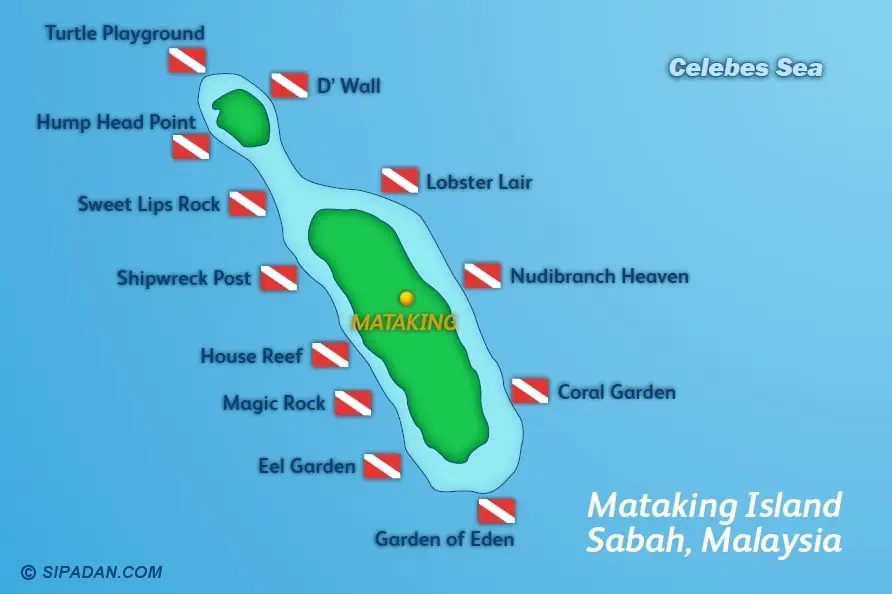 Tauchen in Semporna: Highlights, Unterwasserwelt & Tipps 9 Eine Übersicht der Tauchplätze auf der Insel Mataking in Semporna