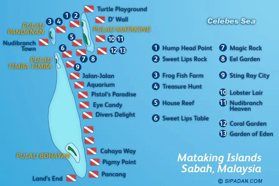 Tauchen in Semporna: Highlights, Unterwasserwelt & Tipps 13 Eine Übersicht der Tauchplätze rund um die Insel Mataking in Semporna, wo sich auch die Insel Timba Timba befindet