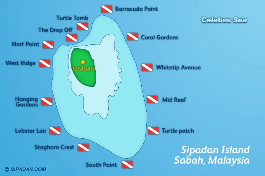 Tauchen in Semporna: Highlights, Unterwasserwelt & Tipps 3 Eine Übersicht der Tauchplätze auf der Insel Sipadan in Semporna