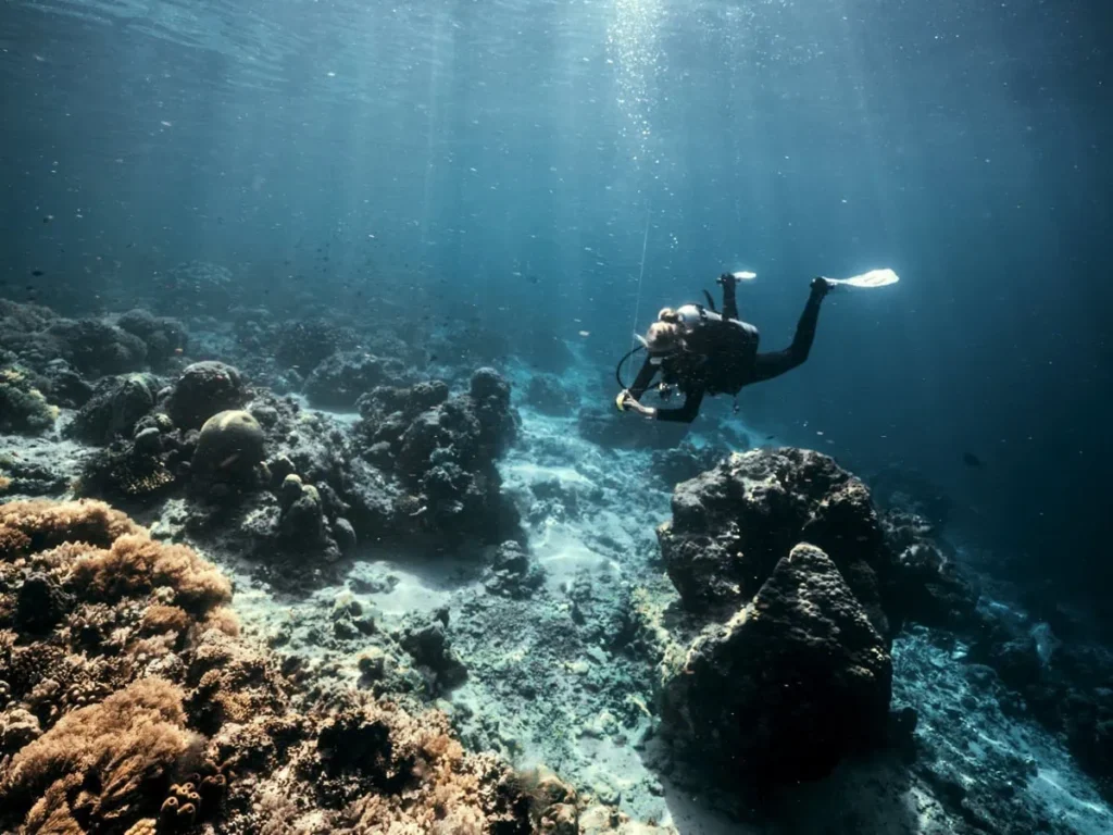 Scuba diver swimming above coral formations in Sipadan with clear blue water and sunlight filtering through the surface. Calm conditions and strong visibility show what you can expect when planning your trip to sipadan.