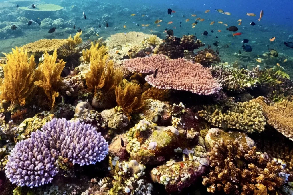 Colorful coral reef in Tulamben filled with soft corals, table corals, and small tropical fish swimming above the reef. The vibrant marine life makes snorkeling at Coral Garden in Tulamben a rewarding experience right off the beach.